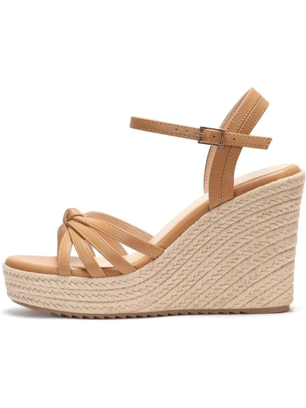 Women's Brown PU Platform Espadrille Wedge Sandals Open Toe Ankle Strap Heels